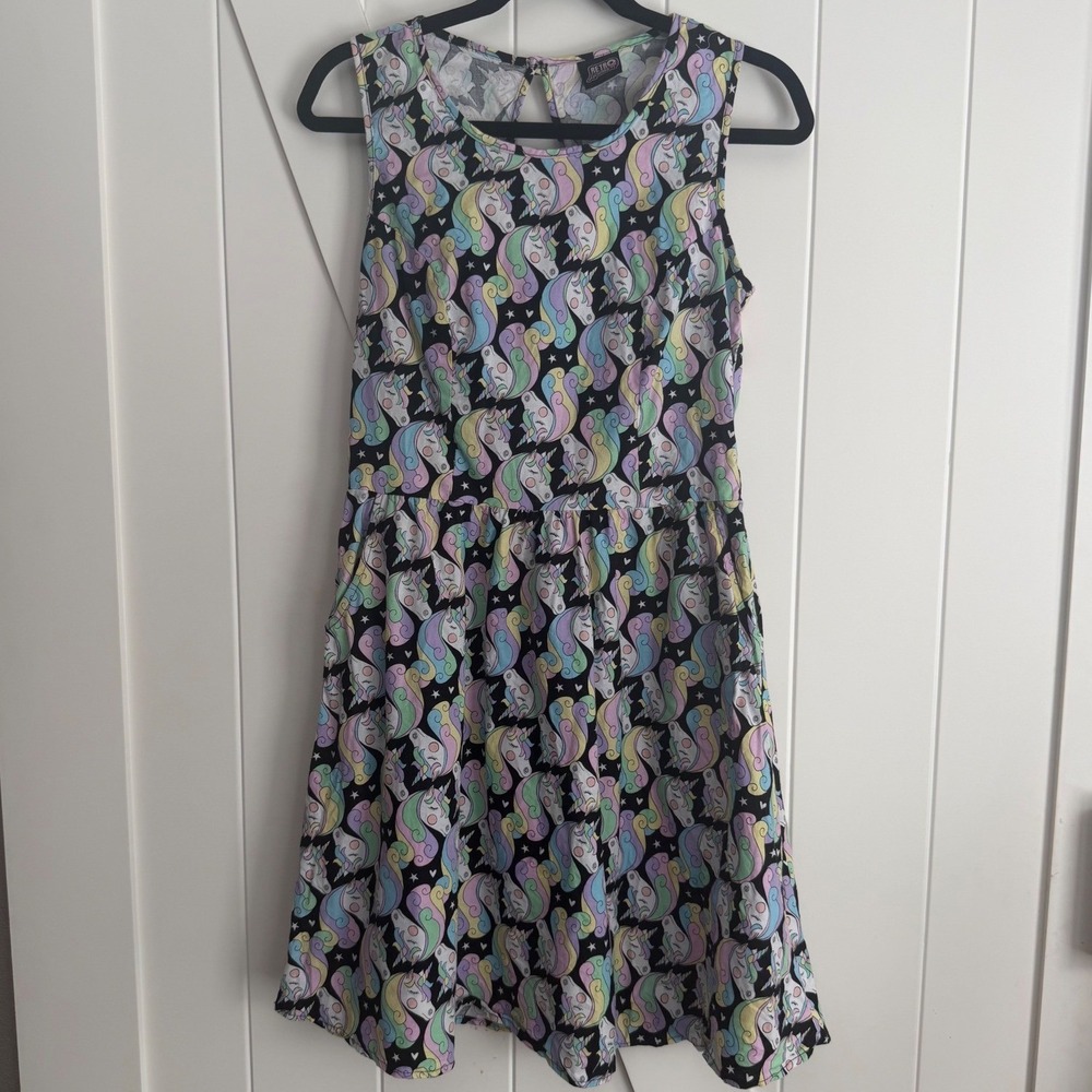 Retrolicious Unicorn Dress Women's Large Kidcore Fit & Flare Pockets USA Quirky